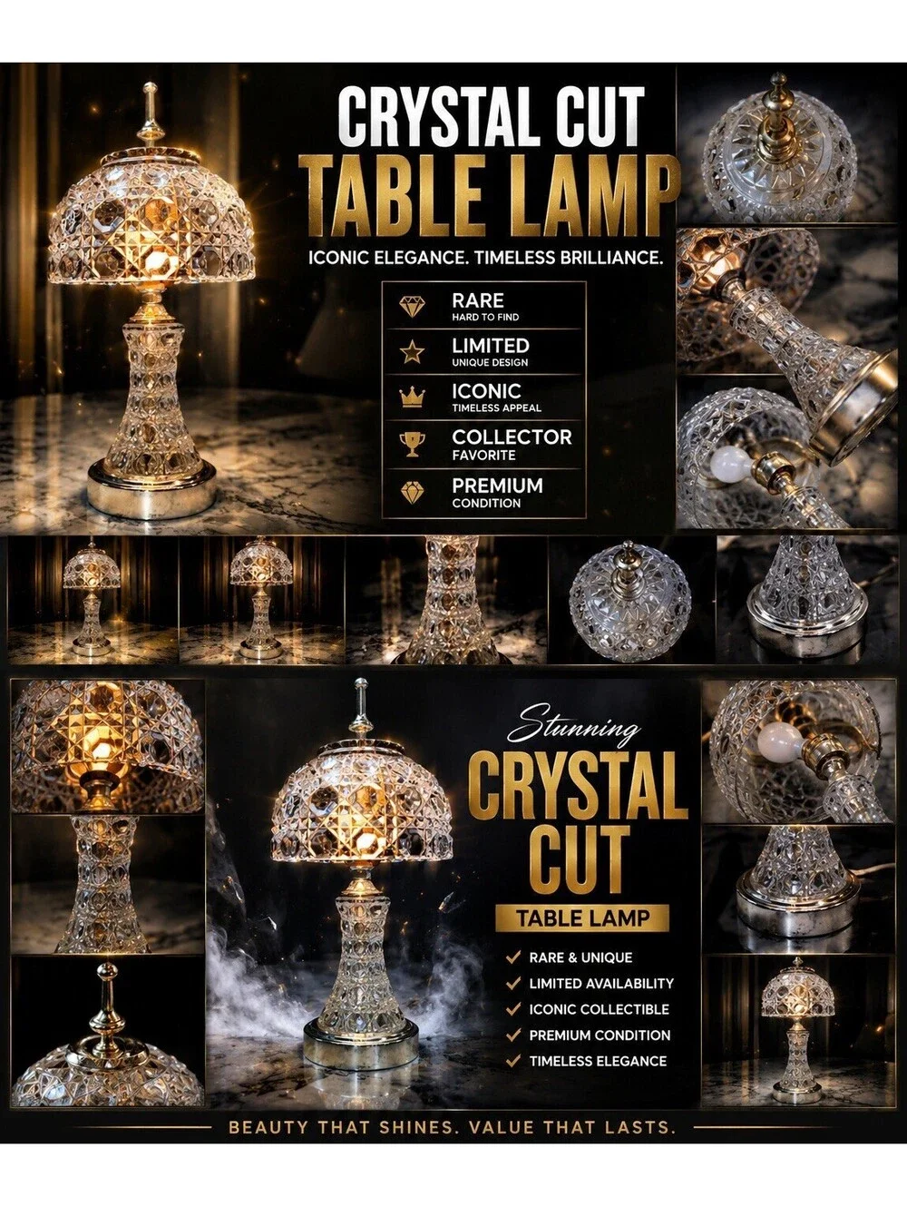 Vintage Cut Glass Crystal Table Lamp Gold Accent Light Hollywood Regency Works